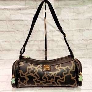 TOUS Kaos Leather Canvas Shoulder Bag Brown/Tan Bear Logo